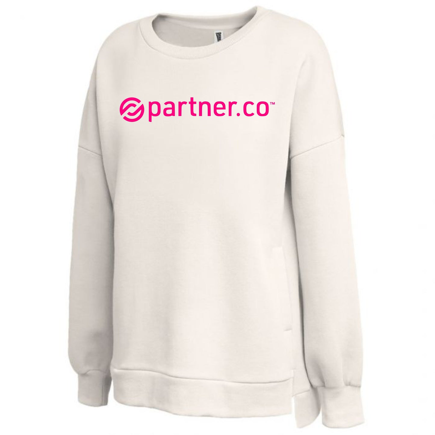 A white long-length pullover sweatshirt with side pockets and a pink 'PARTNERCO' logo on the chest.