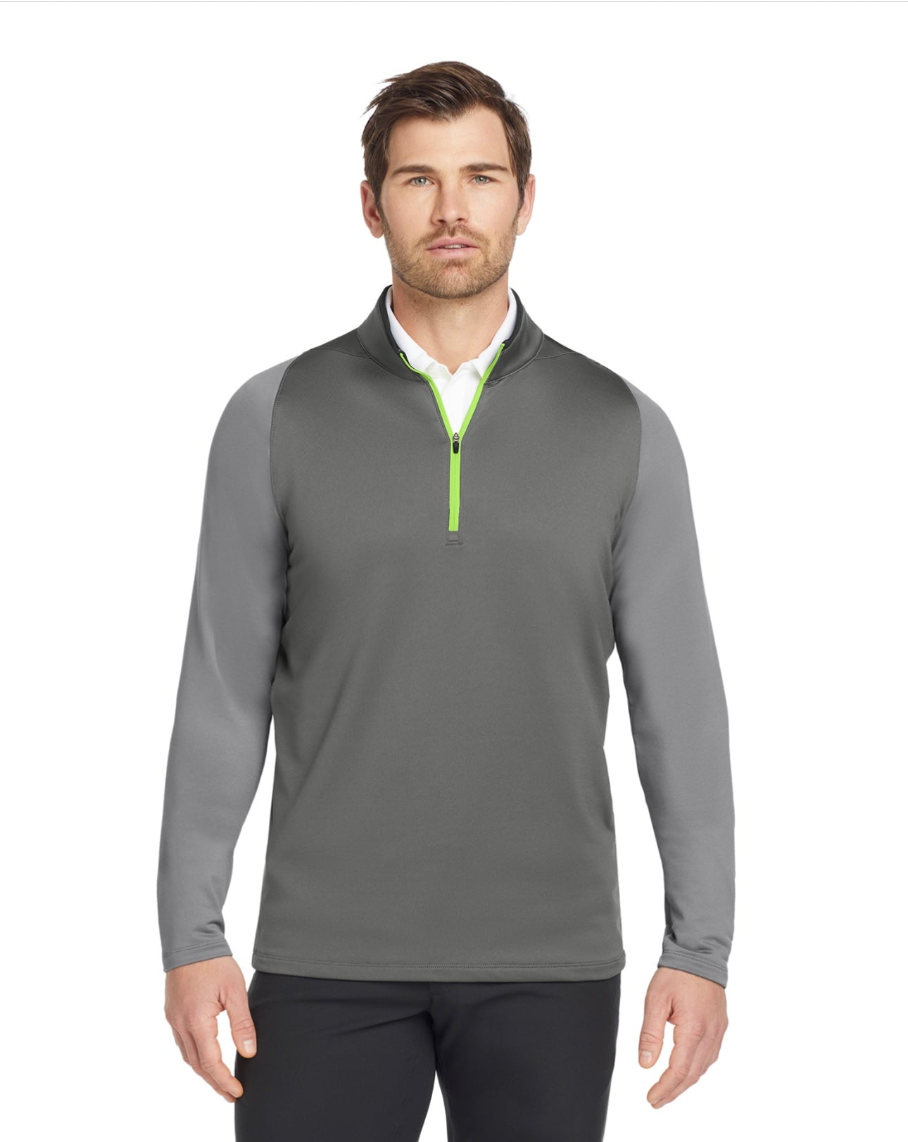 Man wearing a gray pullover with a white shirt underneath on a white background