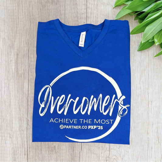 Royal blue Bella+Canvas unisex V-neck t-shirt with white screenprinted PartnerCo PXP 2025 design, displayed flat on white background.