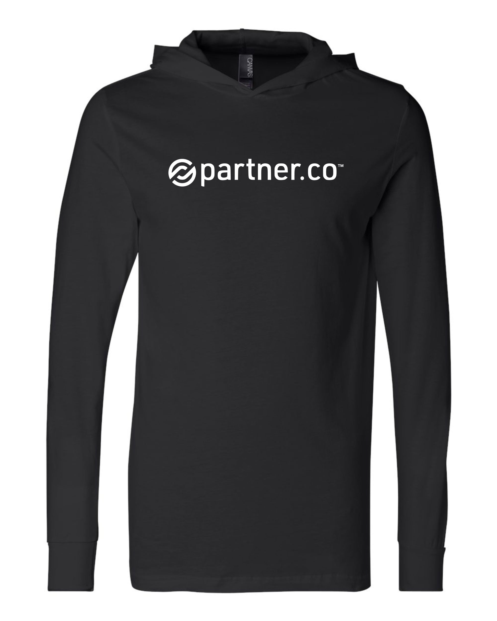 PartnerCo long sleeve hooded t-shirt – branded swag for affiliates