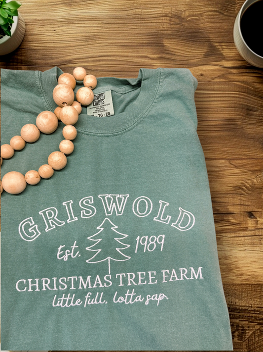 Griswold Tree Farm Embroidered Christmas T-Shirt | Comfort Colors Green | Vintage Holiday Tee | Christmas Vacation Shirt | Unisex Christmas Shirt