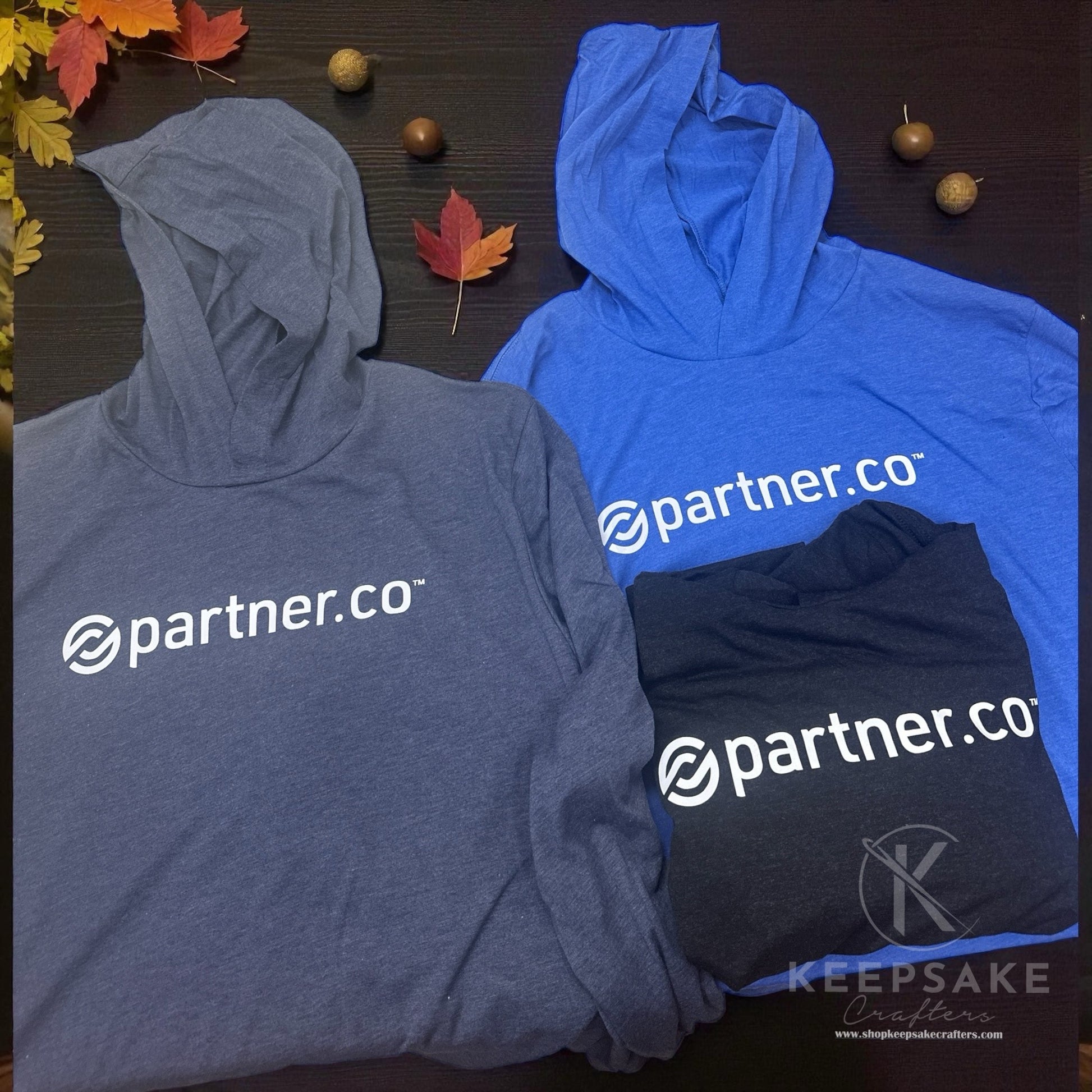 PartnerCo long sleeve hooded t-shirt – branded swag for affiliates