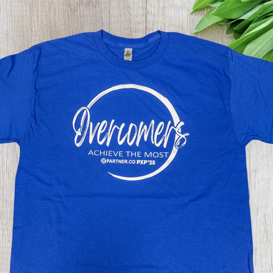 Royal blue Gildan unisex crew neck t-shirt with white screenprinted PartnerCo PXP 2025 design, displayed flat on white background.