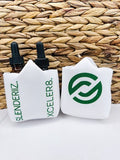 Two skinny drops bottle holders with printed designs, one in white with a green design and the other in white with a black design, displayed against a woven background.
